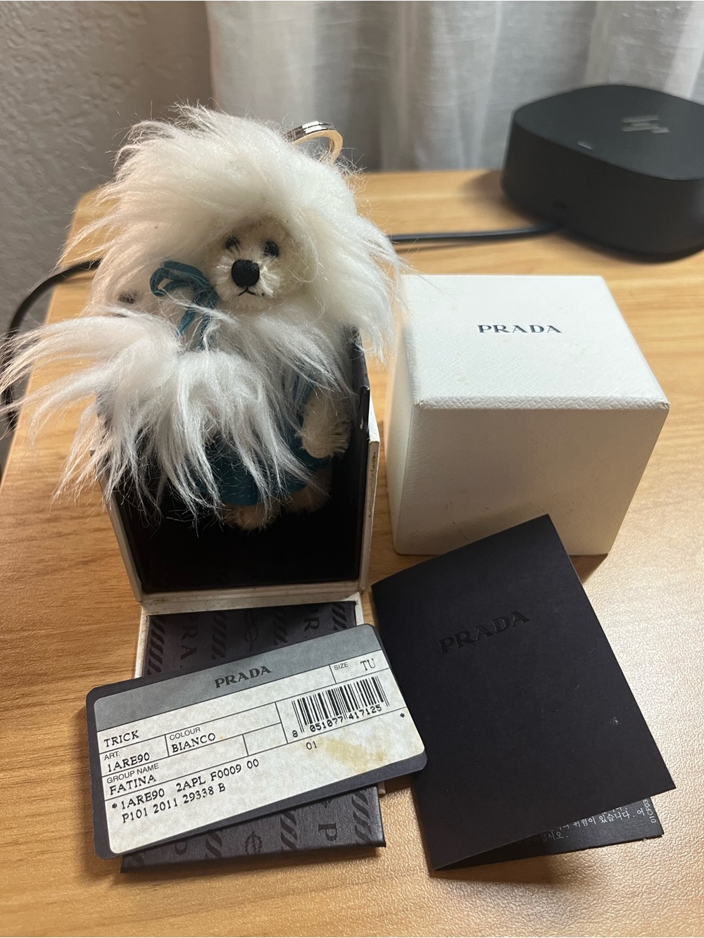 Prada White Fur Plush Pet Charm with Teal Outfit